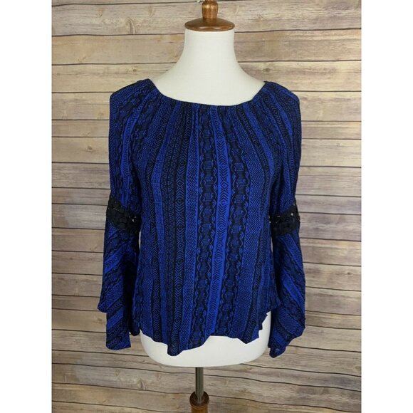 Vintage Havana Small Blouse Bell Sleeves Lace Detail Gathered Neckline Boho - Picture 1 of 9